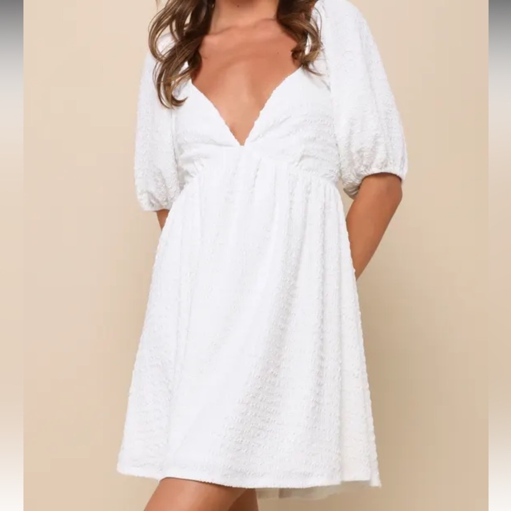 Lulu’s Pleasing Charm White Textured Tie-Back Babydoll Mini Dress